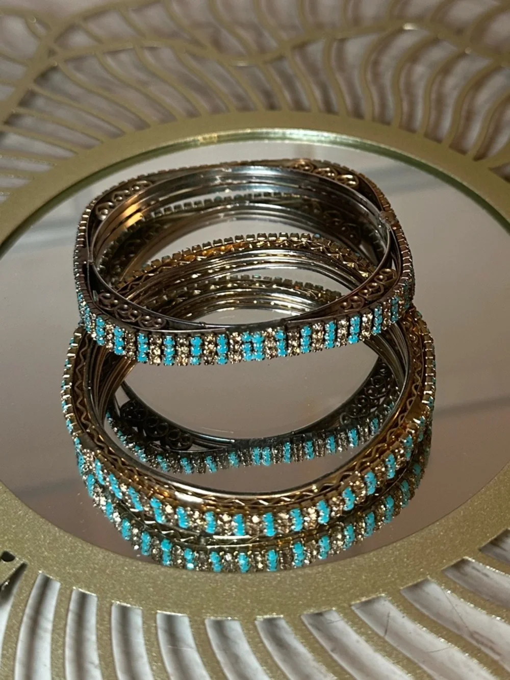 Turquoise Gold Rhinestone Bangle Bracelet Set 2 Pc Square Wavy Stack Glam Boho - Picture 5 of 9